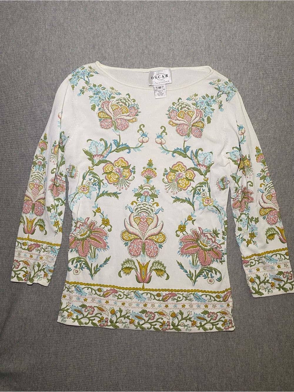 Oscar de la Renta Cottagecore Botanical Floral Print Border Beaded Top Size XS